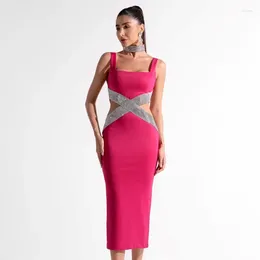 Casual Dresses Black Rosered Color Women Sleeveless Sexy Square Collar Shinnign Diamond Bodycon Bandage Mid-calf Dress Evening Party