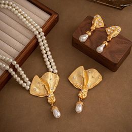 Necklace Earrings Set Zircon Pearl Vintage Ginkgo Leaf Brooch For Women Jewelry