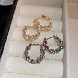 Hoop Earrings Korean Fashion Light Luxury French Retro Circle Highlight Pearl For Women Girls Simple Zircon Earring Jewelry