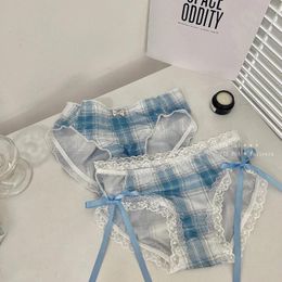 Women's Panties JK Plaid Sling Bow Solid Color Lace Sweetheart Cute College Style Comfortable And Breathable Sexy Pink Lolita