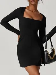 Casual Dresses Women Square Neck Long Sleeve Side Slit Flare Mini Dress Sexy Bodice A-Line Party Short Going Out