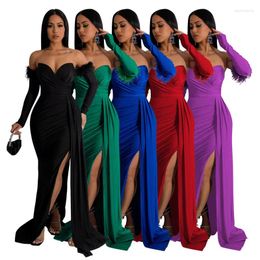 Casual Dresses Ladies Dating Creative Fairycore Dress Autumn And Winter Solid Colour Long Sleeve One-line Neck Split Beautiful Leg Mopping