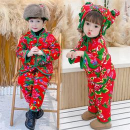 Ethnic Clothing Kids Northeast Flower Cotton Padded Jacket Boys Girls National Warm Clothes Chinese Style Red Peony Top Pants Hat Set