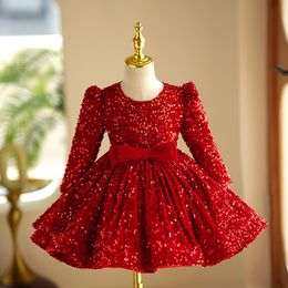 Sequined Red Flower Sheer Neck Crystals Girl Wedding Frist Communion Pageant Dresses Vintage Little Baby Peageant Dress Gowns 403