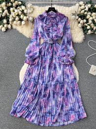 Casual Dresses Women Spring Dress French Style Belt Fold Goddess Fan Tie Dye Printed Long Sleeve Waist Slim Chiffon Pleated D3843