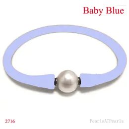 Charm Bracelets 7.5 Inches 10-11mm One Natural Round Pearl Baby Blue Elastic Rubber Silicone Bracelet