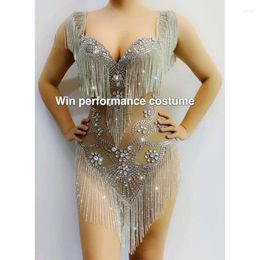 Stage Wear Summer Mesh Sexy Pearls Crystals Chains Dress See Through Birthday Party Celebrate Tassels Costume Nightclub Fringes Outfit