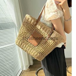 Shoulder Bags casual hollow straw basket bag designer paper woven women handbags handmade summer beach shoulder bags large tote purses 2023H24217