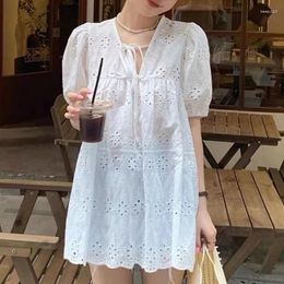 Women's Blouses 2024 Summer Fashion Chubby Mm Oversized V-neck Lace Up Cut Out Loose Casual Bubble Short Sleeved Buttocks Shirt