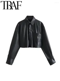 Women's Blouses GAL Black PU Women Loose Shirt Long Sleeve Pocket Front Crop Top Female Faux Leather Oversize Blouse 2024 Spring Y2K