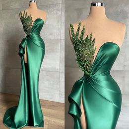 Evening Green Mermaid Dresses Beads Collar Party Prom Pleats Split Formal Long Red Carpet Dress for Special Ocn