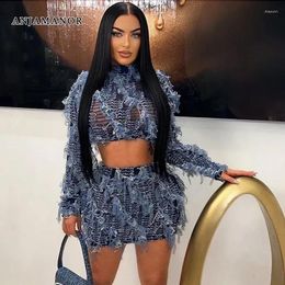 Work Dresses ANJAMANOR Blue 2 Piece Sets Womens Winter Nightclub Outfits Sexy Fringed Mesh Sheer Crop Top Mini Skirt Matching D78-GF44