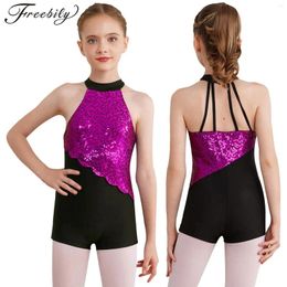 Stage Wear Kids Girls Ballet Dance Leotard Glittery Sequins Sleeveless Bodysuit For Figure Skating Rhythmic Gymnastics Performance