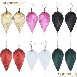 Dangle & Chandelier High Quality Leaf Shape Genuine Leather Dangle Earring For Women Girls Light Double Side Drop Hook Tren Dhgarden Dhdhl