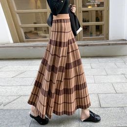 Skirts Autumn Winter Women Midi-Calf Knitting Elastic Waist Casual Girls High A-Line Elegant Plaid Skirt 294