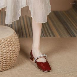 Dress Shoes Pearl Chunky Heel Square Toe Women Solid Concise Slip On Design Zapatos Para Mujeres Comfort Texture Glossy