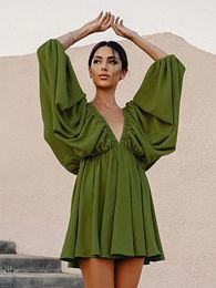 Casual Dresses Spring Summer Sexy Backless Lantern Sleeves Dress For Women Loose Fitting High Waisted Deep V-neck Green A-line Skirt