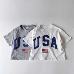 T-shirts Korea Summer Kids Boys Girls Tee Oversized USA Print Short Sleeve T-Shirt Cotton Casual Tops Infant Outfit Toddler Clothes 6M-4Y