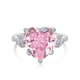 Cluster Rings Karloch S925 Sterling Silver Ring Women's 8A Pink Heart Shaped High Carbon Diamond Radian Cut Brilliant And Dazzling