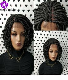 200density full short Braided Wigs Box Braids Wigs For Black Women Lace Front Braid Wig Curly 14inch Black Brown With Body Hair6233079