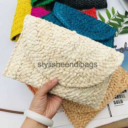 Totes Womens Hand-Woven Handbag Boho Solid Colour Straw Rattan Weave Corn Husk Handmade Envelope Wallet Females Coin PursesH24217