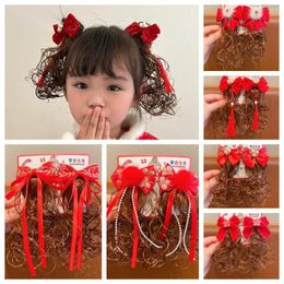 Hair Accessories Flower Bowknot Wig Clip Princess Pearl Red Kids Hairpin Barrettes Side Braid Female