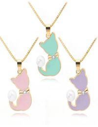 1pc Ladies Enamel Cat Drops Oil Zircon Pearl Colour Tail Necklace Animal Puppy dog Cartoon Creative Pets Pussy Pendant Lucky woman 2820449