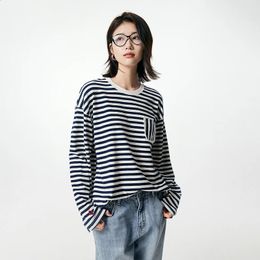 Toyouth Women Striped Tees 2023 Autumn Long Sleeve Round Neck Loose Tshirt Unique Pocket Design Dropped Shoulder Casual Tops 240127