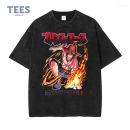 Men's T Shirts Portgas D Ace T-shirts Streetwear Vintage Washed Anime One Piece Shirt Harajuku Summer Short Sleeve Manga Tops Tees Man