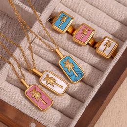 Necklace Earrings Set Coloured Fritillaria Coconut Tree Square Pendant 18K Gold Plated Jewellery 316L Stainless Steel Accessories