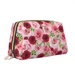 Cosmetic Bags Pink Red Rose Print Large Travel Makeup Bag Pouch Leather Waterproof Toiletry For Women Valentine's Day Gifts