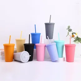 Mugs Plastics Coffee Cup With Cover Straw Double Walled Rubber Water Tableware Dull Polish High-capacity 450ml Cute