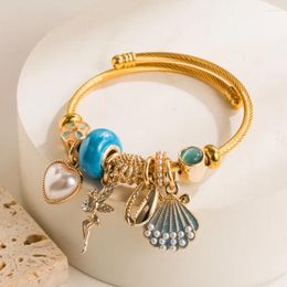 Bangle Drop Ocean Series Pearl Shell Heart Pendant Charm Classic Gold Colour Angle Resizable Jewellery