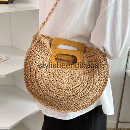 Shoulder Bags 2023 Summer Wood Handle Women Handbag Saddle Crossbody Bag Large Capacity Rattan Straw Lady Woven BeachH24217