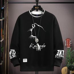 Autumn Mens Sweatshirt Sketch Cat Print Long Sleeve Tshirt Fashion Clothing Black O Neck Harajuku Exclusive Design Top 240201