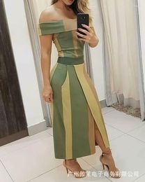 Casual Dresses Elegant For Women 2024 Summer Colorblock Off Shoulder Short Sleeve High Waist Slim Fit Slit Maxi Dress Office