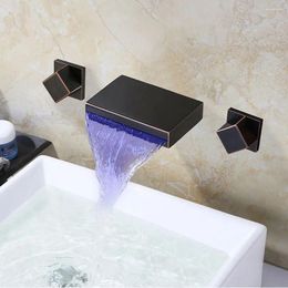 Bathroom Sink Faucets LED Waterfall Faucet ORB Bathtub Wall Mounted Two Handles Three Holes Lavatory Temperature Sensor Taps