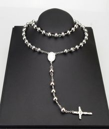 AMUMIU 8mm Classic Silver Rosary Beads chain Religious Catholic Stainless Steel Necklace Women's Men's Wholesale HZN0804729213