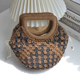 Totes New niche retro paper rope het black brown patchwork grass woven handbagH24217