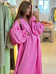 Clacive Fashion Loose Pink Linen Dress Sets For Women 2 Pieces Elegant Long Sleeve Robes With VNeck Sleeveless Dresses Set 240130