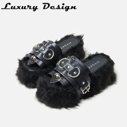 Furry Platform Slippers Punk Womens Shoes Sandals Plush Slippers Women Outer Wear Thick Bottom Buckle Gothic Sandals Trendy 240130
