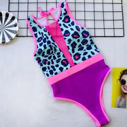 Women's Swimwear Sexy Leopard Print Mesh One Piece Women Push Up Bathing Suit 2024 High Neck Swimsuit Female Deep V Beach Wear 5211