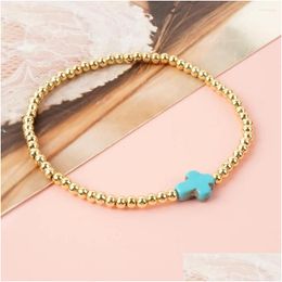 Charm Bracelets Yastyt Golden Beads Boho Copper Handmade Natural Turquoise Processed Cross Pendant Bracelet For Women Men Drop Deliv Dhko6