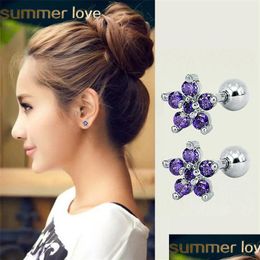 Stud New 4 Colour Flower Cz Stud Earrings For Women Girl Gold Sier Titanium Steel 5A Flash Zircon Studs Elegant Jewellery Drop Dhgarden Dhwo1