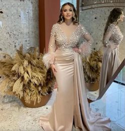 S Champagne Women Elegant Evening Dresses Sparkling Bead String Lace Princess Sexy V Neck Mermaid Long Sleeve Prom Gowns With De parkling tring exy leeve