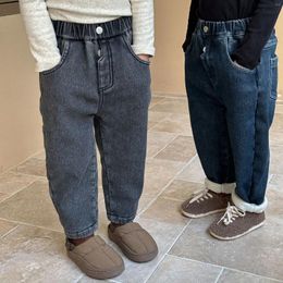Trousers Autumn Winter Childrens Boys Elastic Denim Pants Kids One Piece Plush Thick Warmth Jeans Baby Solid