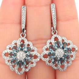 Dangle Earrings 38X21mm SheCrown Classic Created London Blue Topaz Green Amethyst White CZ Fashion Jewellery Silver