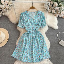 Casual Dresses Vintage Dress Women V-neck Short Sleeve Folds Contrast Colour Vestidos Femenino Womens Sweet French Retro Drop