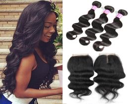 8A Body Wave Virgin Brazilian Hair Bundles with Closure Unprocessed Human Hair Weaves and Middle Part Part Top Lace Closure b9031867