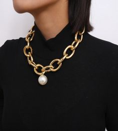 Imitation Gothic Big Pearl Pendant Choker Steampunk Men Hip Hop Heavy Metal Chunky Lock Chain Necklace Women Jewellery DKAS8685379